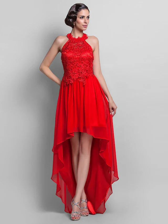 Sheath / Column Elegant Dress Wedding Guest Asymmetrical Sleeveless Halter Chiffon Backless with Appliques