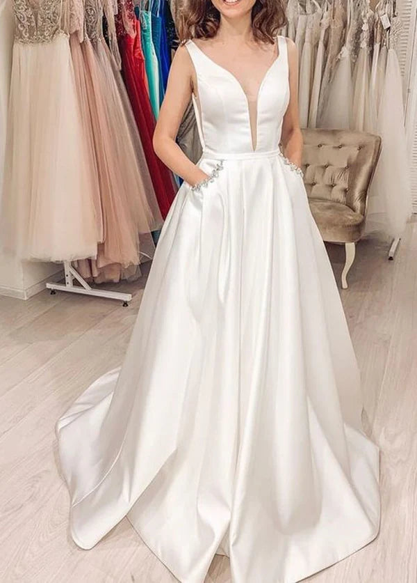 A-line Sleeveless V-Back Satin Bridal Dresses with Pockets