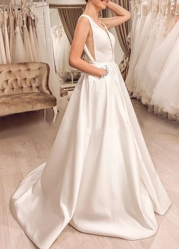 A-line Sleeveless V-Back Satin Bridal Dresses with Pockets