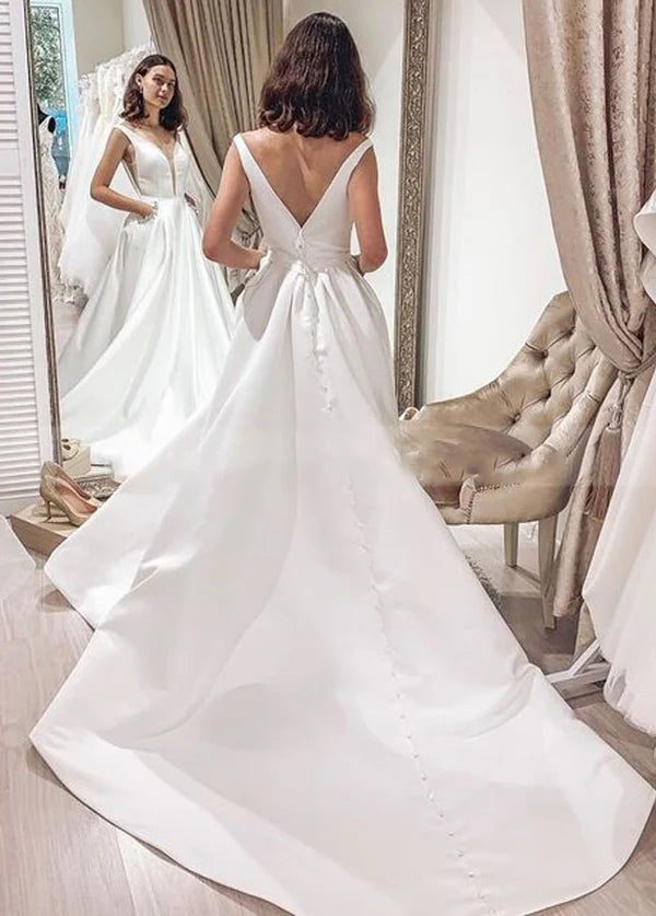 A-line Sleeveless V-Back Satin Bridal Dresses with Pockets