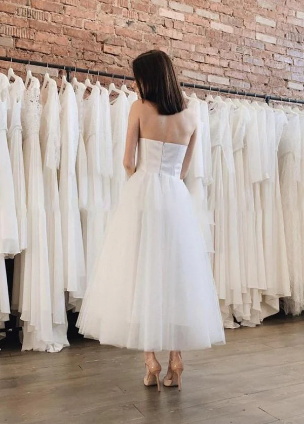 A-Line Short Bridal Gown with Tea-Length Tulle Skirt