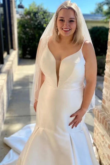 Satin Plunge V Backless Trumpet Wedding Dress