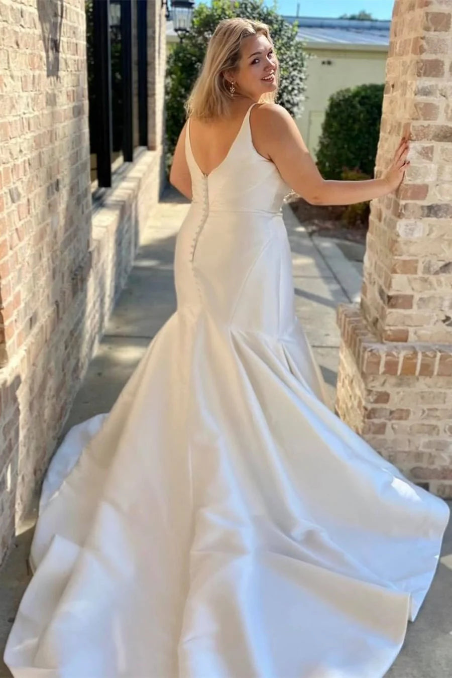 Satin Plunge V Backless Trumpet Wedding Dress
