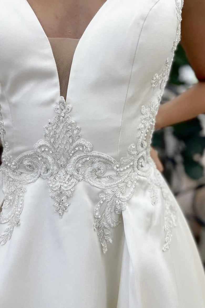 Satin V-Neck Backless A-Line Long Wedding Dress