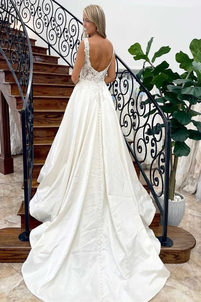 Satin V-Neck Backless A-Line Long Wedding Dress