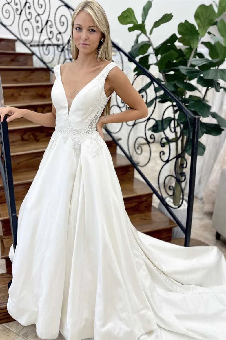 Satin V-Neck Backless A-Line Long Wedding Dress
