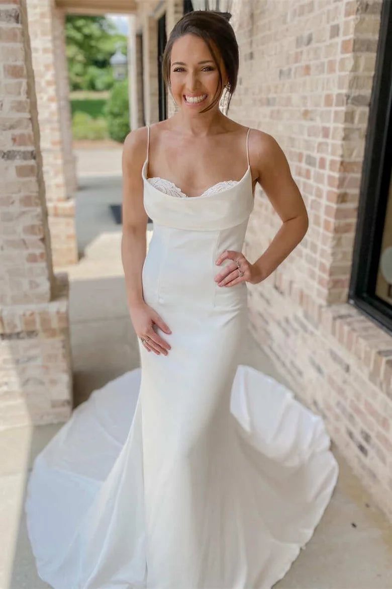 Cowl Neck Spaghetti Straps Mermaid Long Bridal Gown