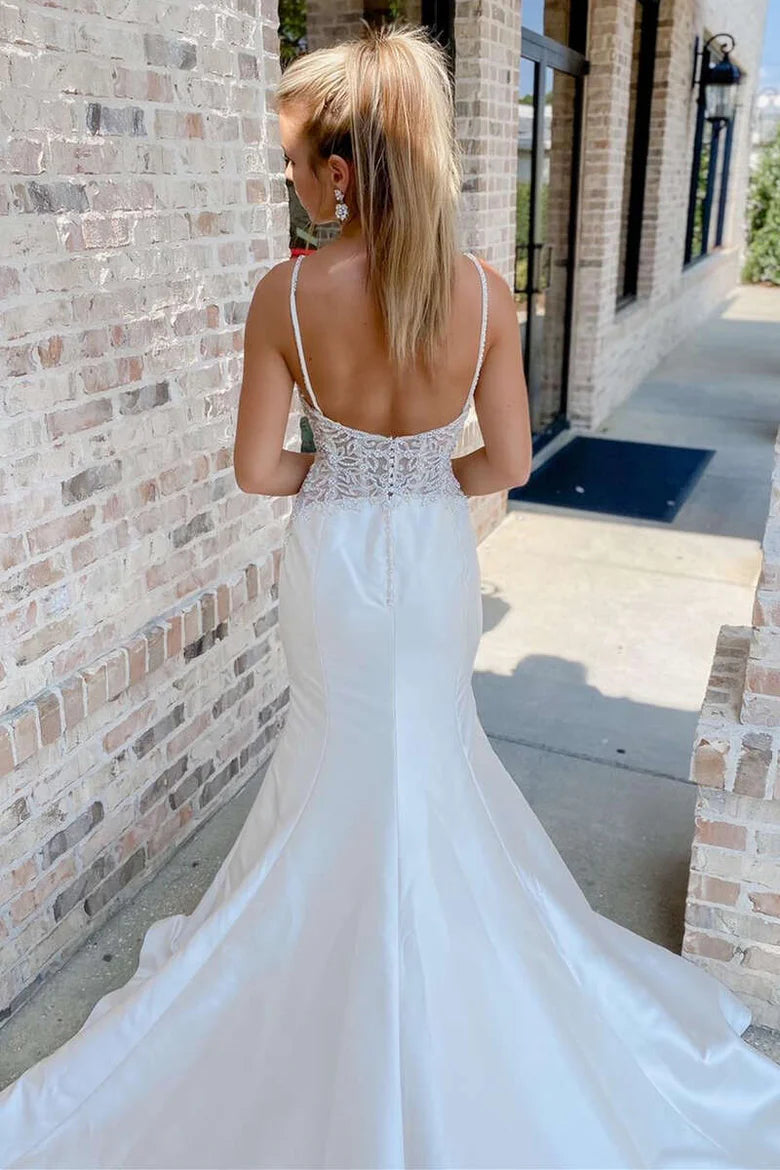 V-Neck Beading Trumpet Long Wedding Dress