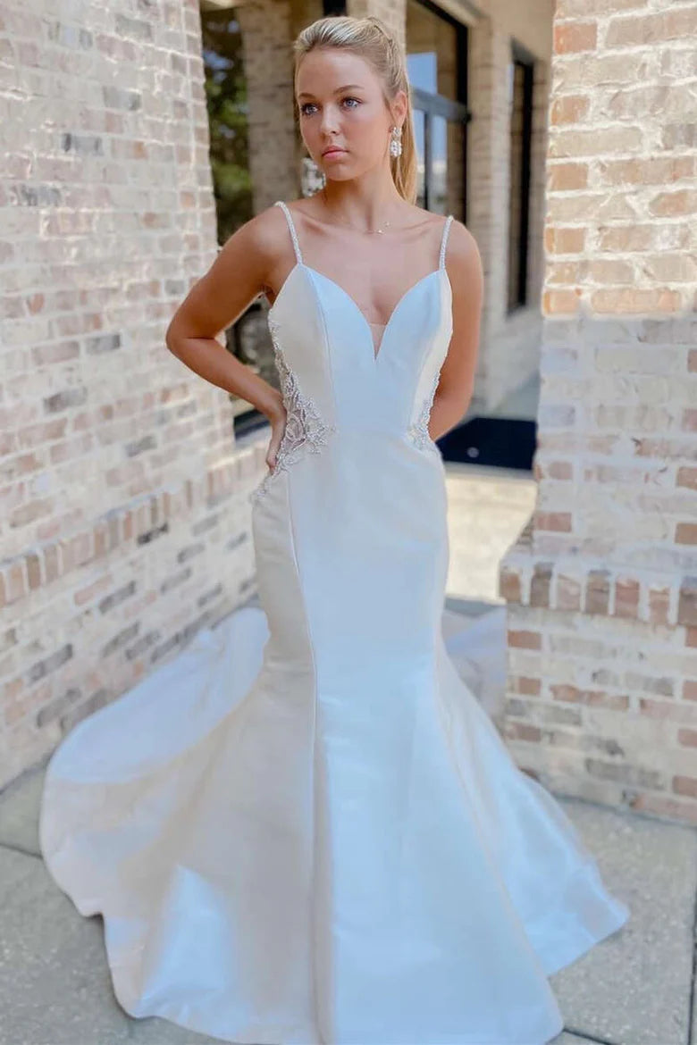 V-Neck Beading Trumpet Long Wedding Dress