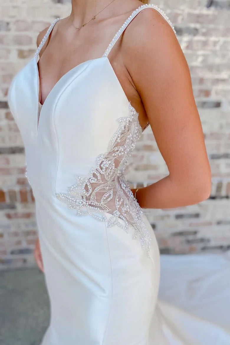 V-Neck Beading Trumpet Long Wedding Dress