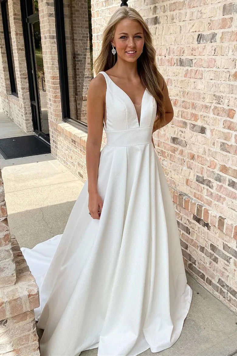 V-Neck Cross-Back A-Line Long Wedding Gown
