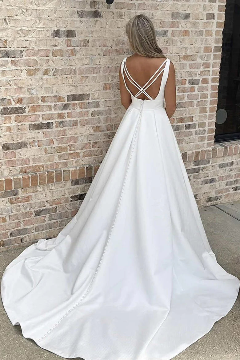 V-Neck Cross-Back A-Line Long Wedding Gown
