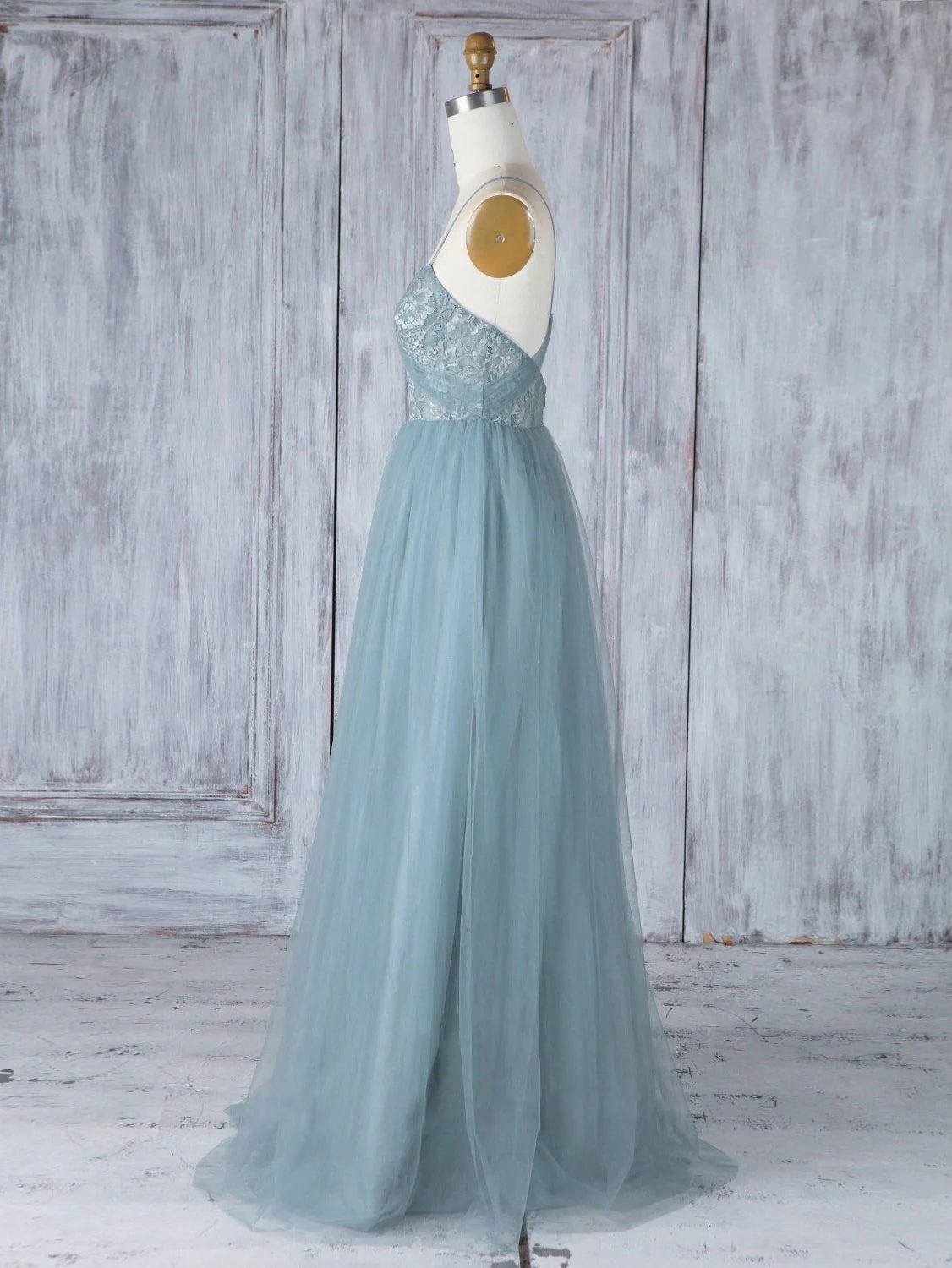 Sweetheart Neck Tulle Lace Long Prom Dresses Gray Blue Bridesmaid Dresses