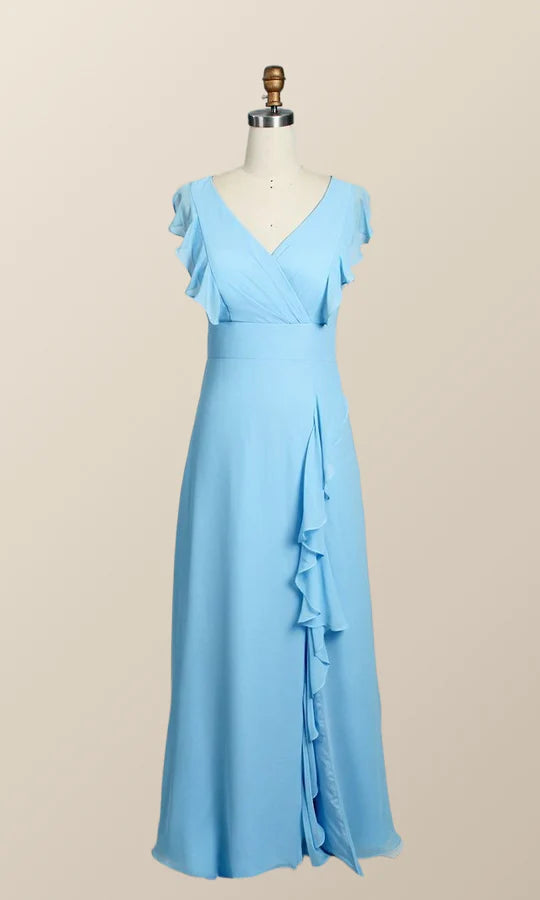 Blue Chiffon Ruffles Long Bridesmaid Dress