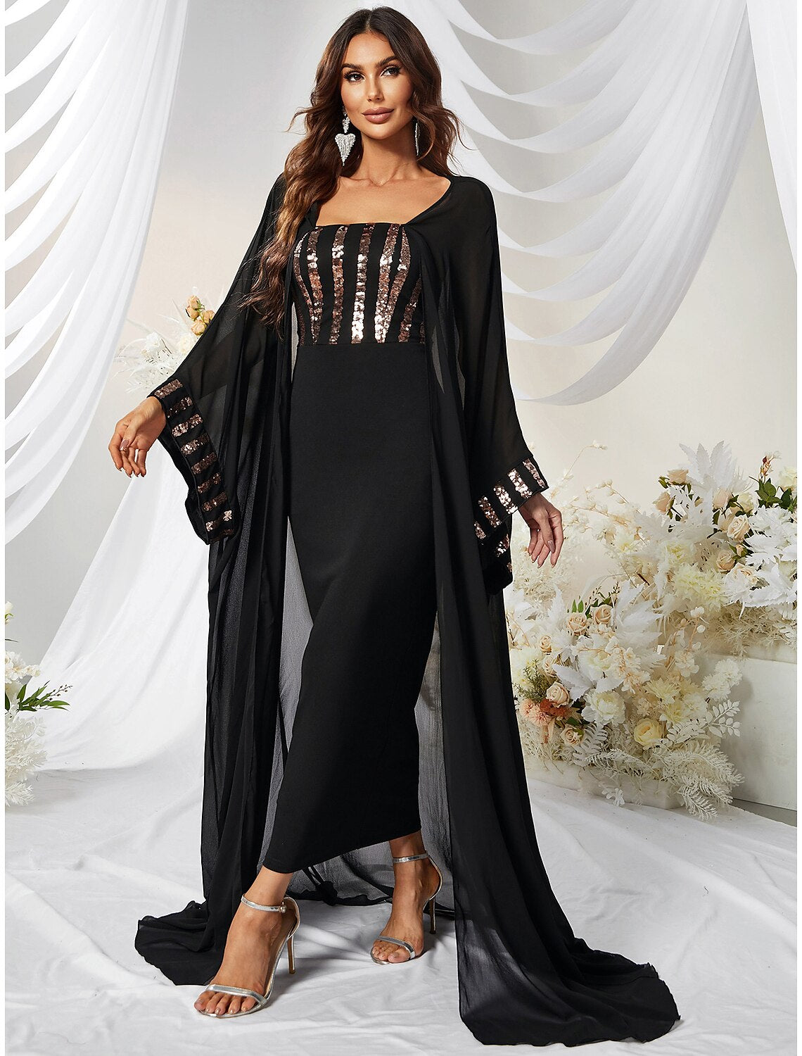 Mermaid / Trumpet Wedding Guest Dresses Elegant Dress Formal Ankle Length Long Sleeve Square Neck Capes Polyester with Beading Shawl