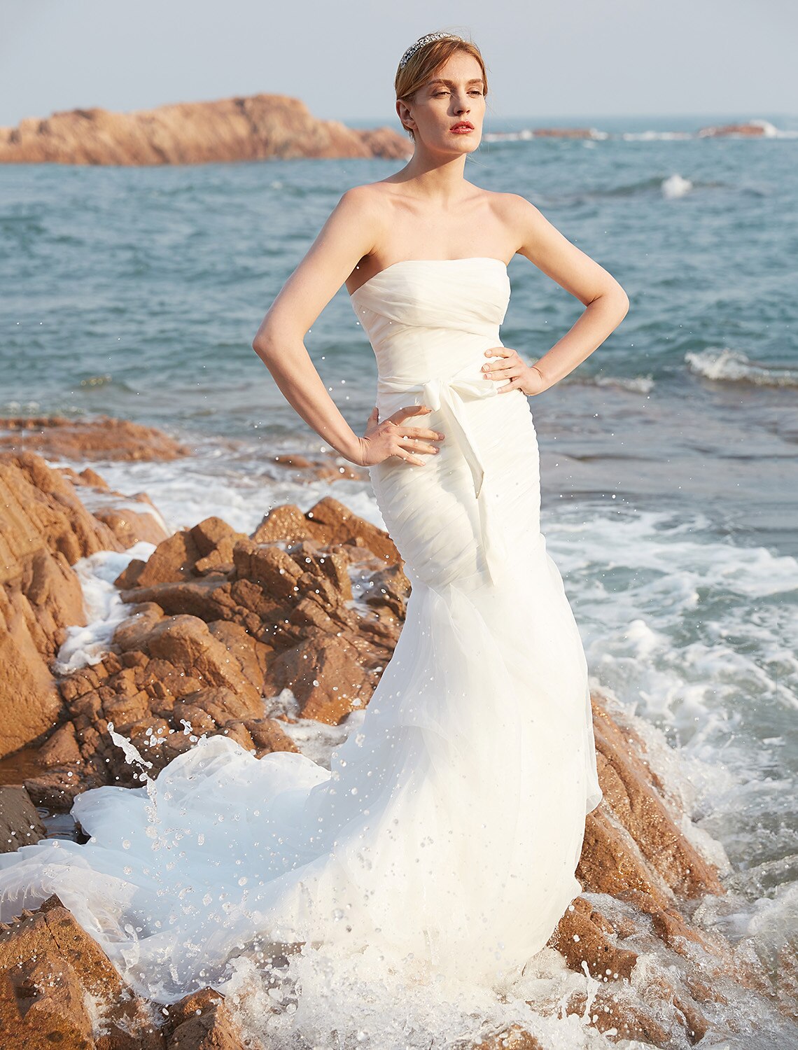 Wedding Dresses Mermaid / Trumpet Strapless Sleeveless Court Train Organza Bridal Gowns With Bowknot Pick Up Skirt