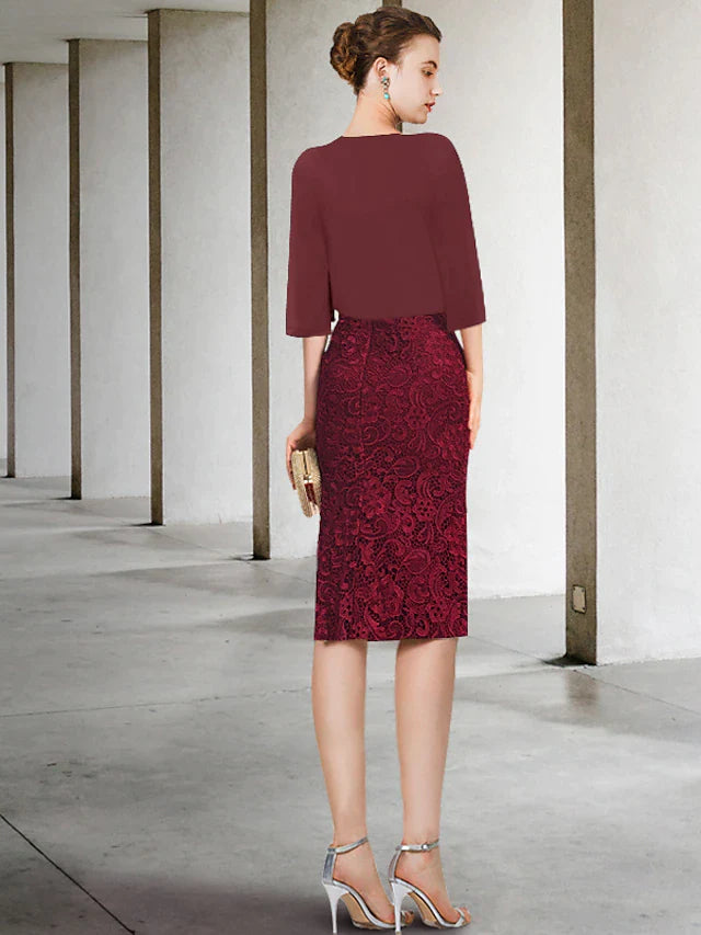 Two Piece Sheath / Column Mother of the Bride Dress Formal Wedding Guest Party Elegant Off Shoulder Knee Length Chiffon Lace Short Sleeve with Appliques