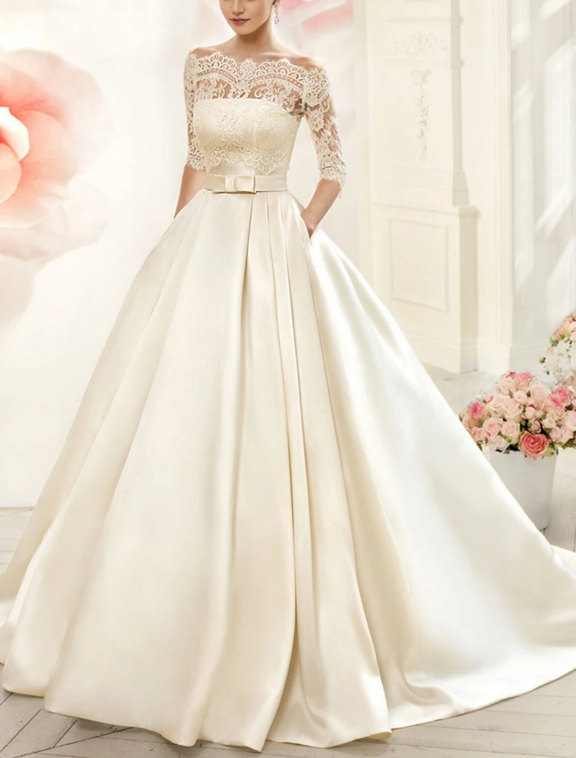 Engagement Formal Fall Wedding Dresses Ball Gown Off Shoulder Half Sleeve Court Train Satin Bridal Gowns With Bow(s) Pleats Summer Wedding Party, Women‘s Clothing