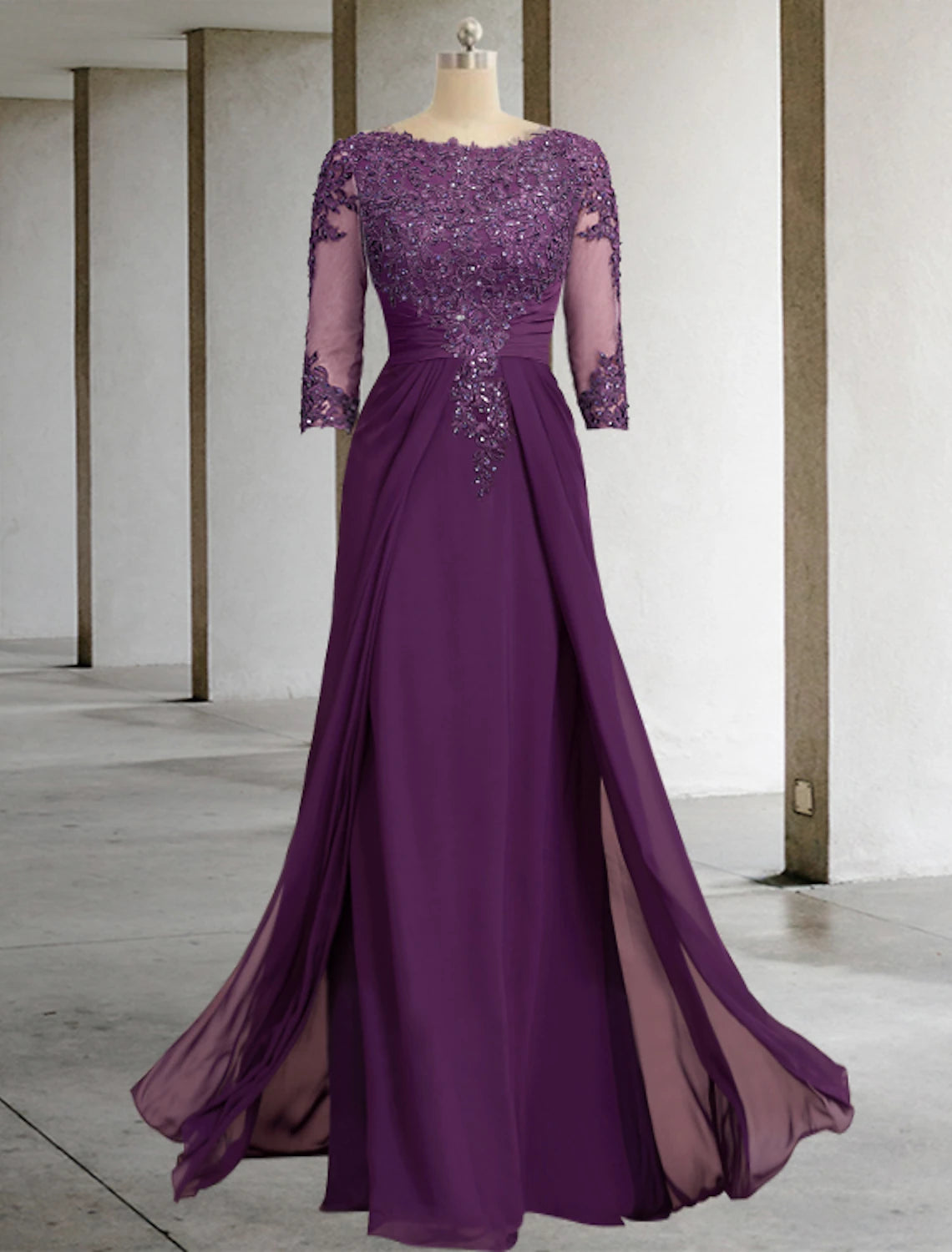Sheath / Column Mother of the Bride Dress Formal Fall Wedding Guest Elegant Sparkle & Shine Jewel Neck Asymmetrical Floor Length Chiffon Lace 3/4 Length Sleeve with Sequin Appliques