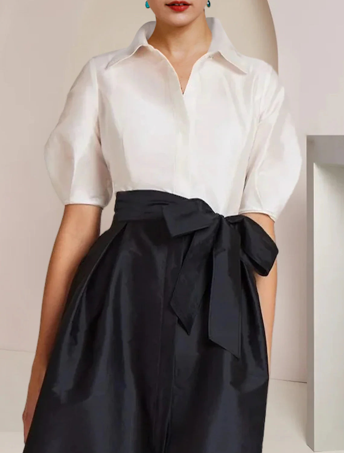 DingjiA-Line Mother of the Bride Dress Formal Wedding Guest Party Elegant Shirt Collar Floor Length Taffeta Short Sleeve with Bow(s) Color Block