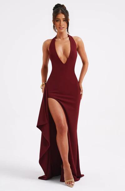 Sexy Plume Neck Halter Ruffle Detail Front Slit Formal Prom Dress
