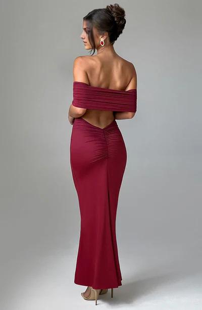 Burgundy A-Line Off the Shoulder Long Formal Prom Dress