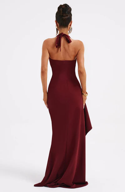 Sexy Plume Neck Halter Ruffle Detail Front Slit Formal Prom Dress