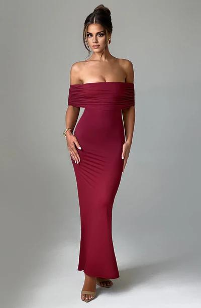 Burgundy A-Line Off the Shoulder Long Formal Prom Dress