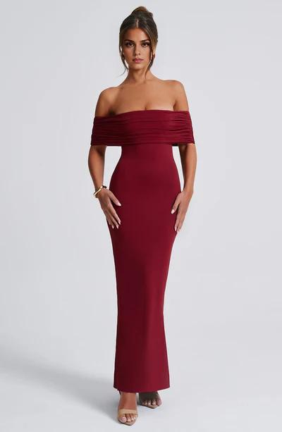 Burgundy A-Line Off the Shoulder Long Formal Prom Dress