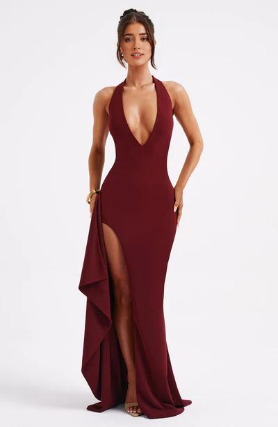 Sexy Plume Neck Halter Ruffle Detail Front Slit Formal Prom Dress