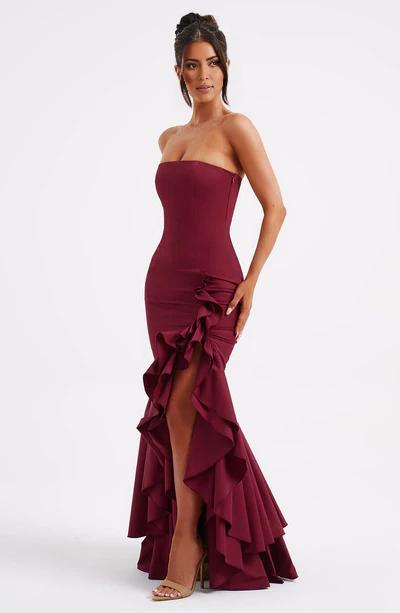 Beautiful Burgundy A-line Off The Shoulder Formal Ball Gown With Ruffled Edges