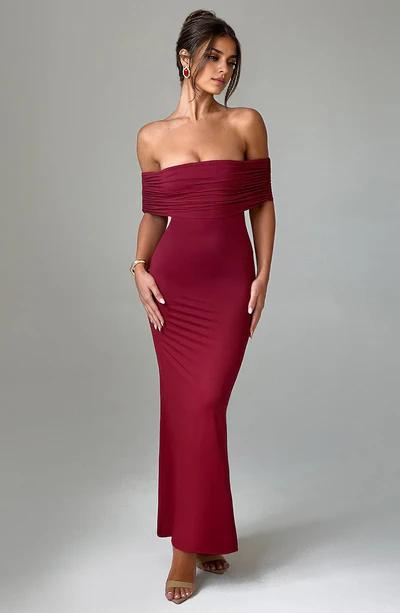 Burgundy A-Line Off the Shoulder Long Formal Prom Dress