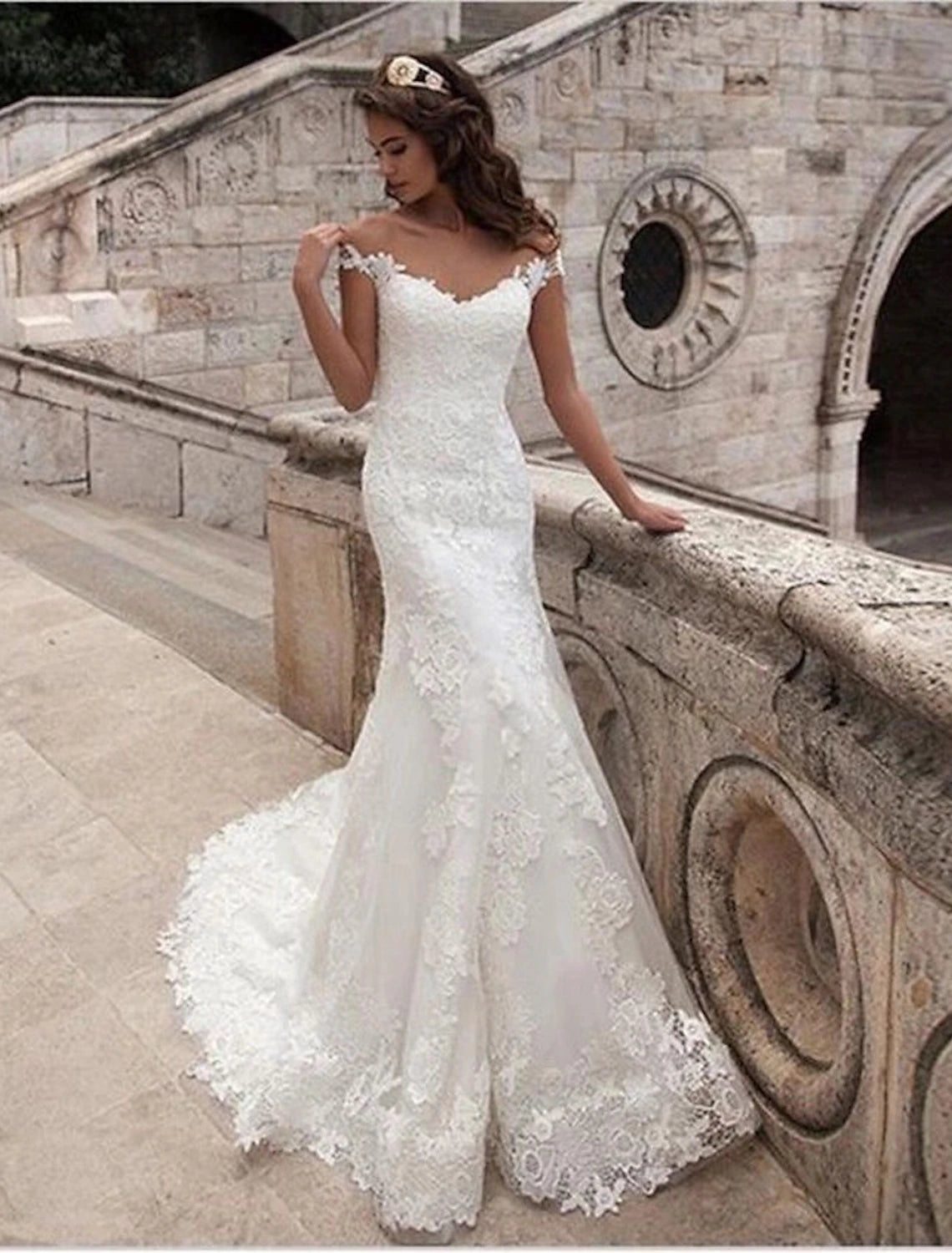 Engagement Open Back Formal Wedding Dresses Mermaid / Trumpet Off Shoulder Cap Sleeve Court Train Lace Bridal Gowns With Appliques Summer Wedding Party