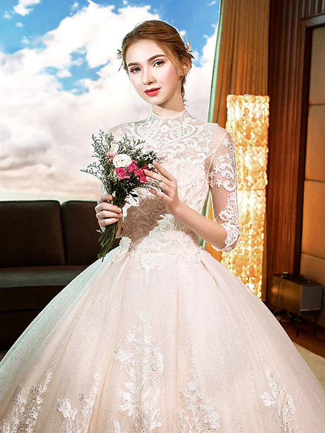 DingjiEngagement Sparkle & Shine Formal Wedding Dresses Cathedral Train Ball Gown Long Sleeve High Neck Lace With Sequin Appliques