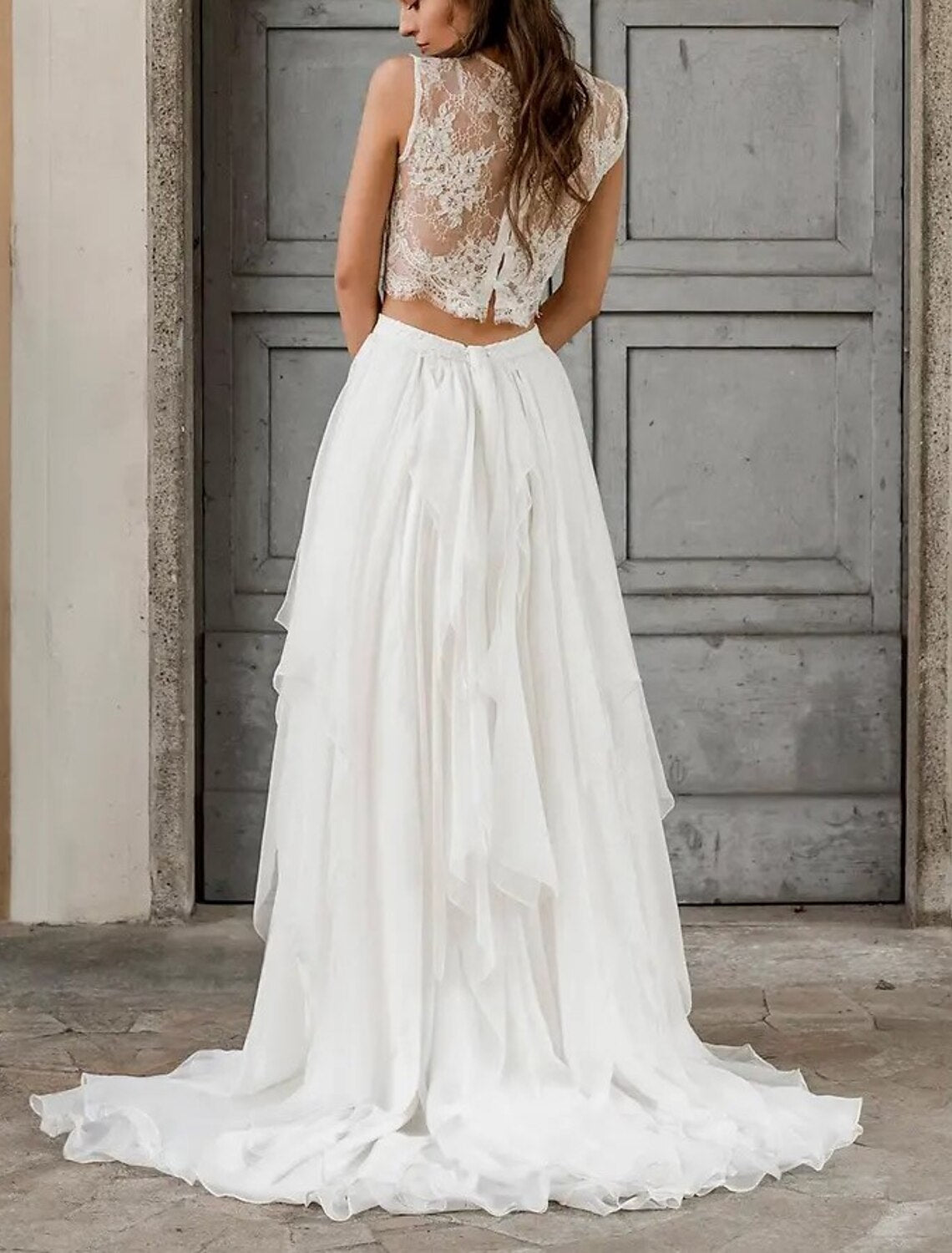 Boho Wedding Dresses Two Piece Scoop Neck Sleeveless Court Train Chiffon Bridal Suits Bridal Gowns With Appliques Solid Color Summer Fall Wedding Party , Women's Clothing