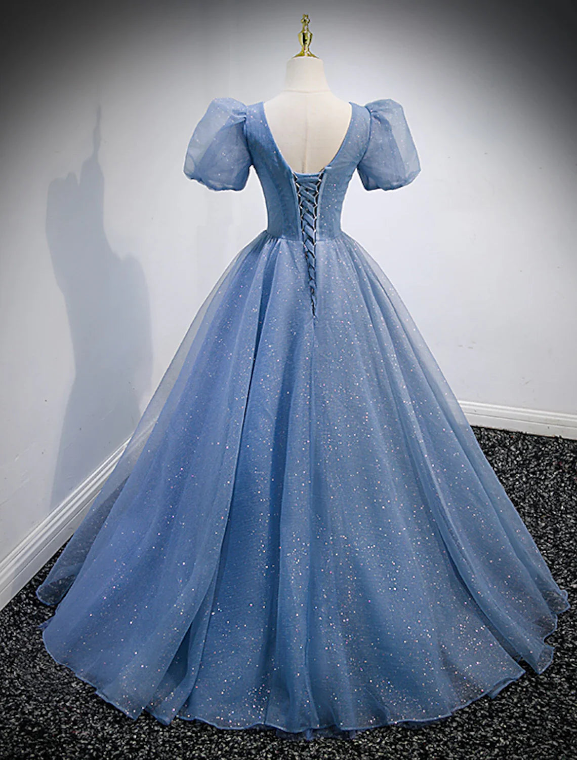 DingjiA-Line Prom Dresses Puffy Dress Wedding Guest Quinceanera Floor Length Short Sleeve V Neck Tulle with Sequin