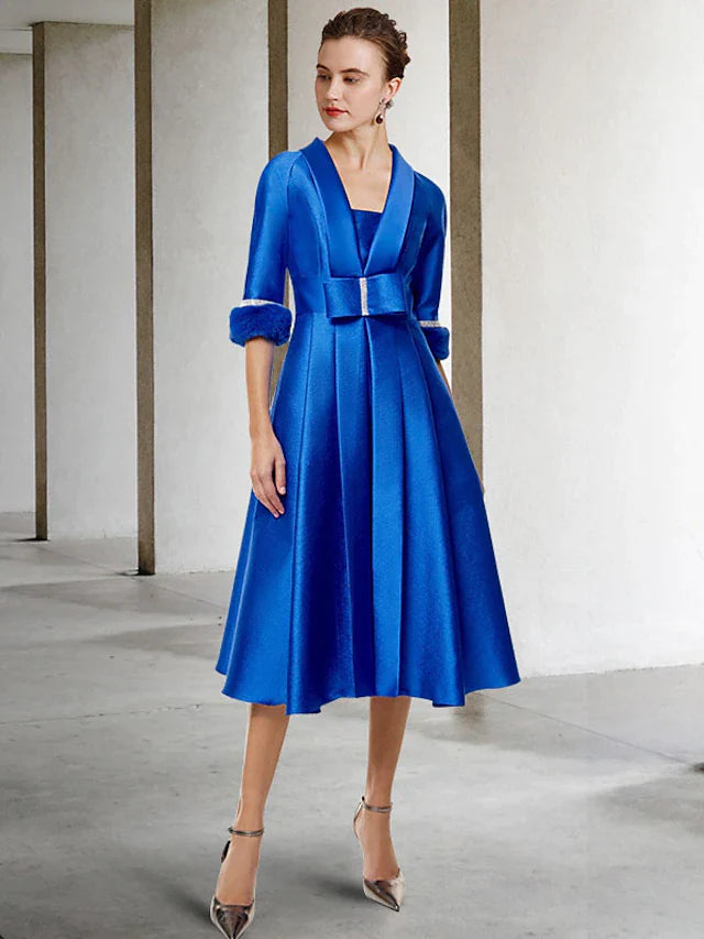 Two Piece A-Line Mother of the Bride Dress Elegant Jewel Neck Tea Length Satin Half Sleeve Jacket Dresses with Bow(s) Pleats Crystals