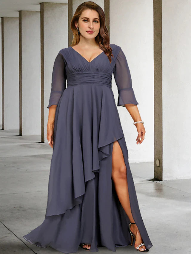 A-Line Plus Size Curve Mother of the Bride Dresses Elegant Dress Formal Asymmetrical 3/4 Length Sleeve V Neck Chiffon with Pleats Ruched Slit