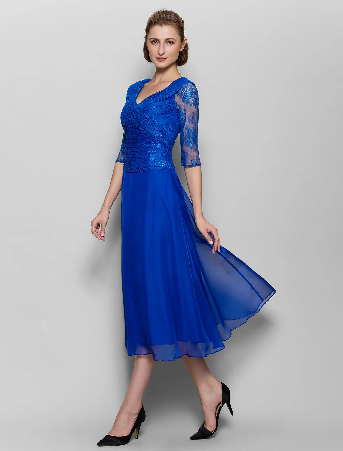 DingjiA-Line Mother of the Bride Dress Plus Size Elegant V Neck Tea Length Chiffon Lace Half Sleeve No with Lace Criss Cross Ruched