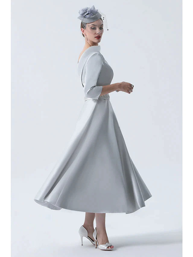 A-Line Mother of the Bride Dress Wedding Guest Vintage Plus Size Elegant Bateau Neck Tea Length Satin 3/4 Length Sleeve with Beading