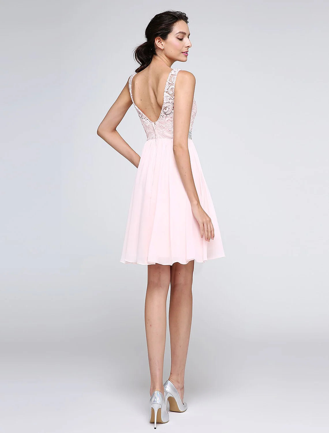 DingjiA-Line Special Occasion Dresses Party Dress Homecoming Graduation Short / Mini Sleeveless Illusion Neck Pink Dress Chiffon V Back Low Back with Crystals