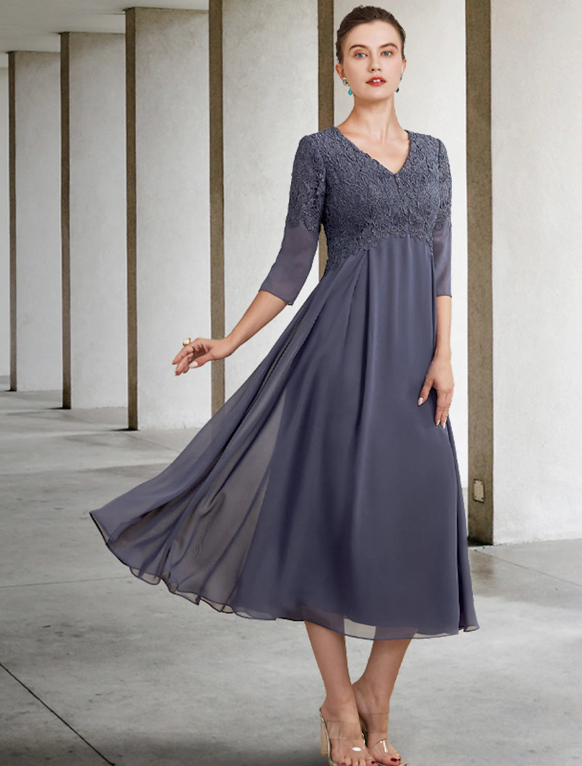 A-Line Mother of the Bride Dress Fall Wedding Guest Plus Size Elegant V Neck Tea Length Chiffon Lace 3/4 Length Sleeve with Ruffles Appliques 2023