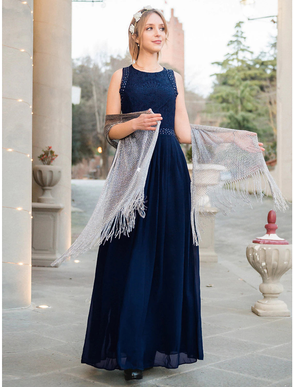 A-Line Prom Dresses Maxi Dress Wedding Guest Floor Length Sleeveless Jewel Neck Chiffon with Pleats Lace Insert