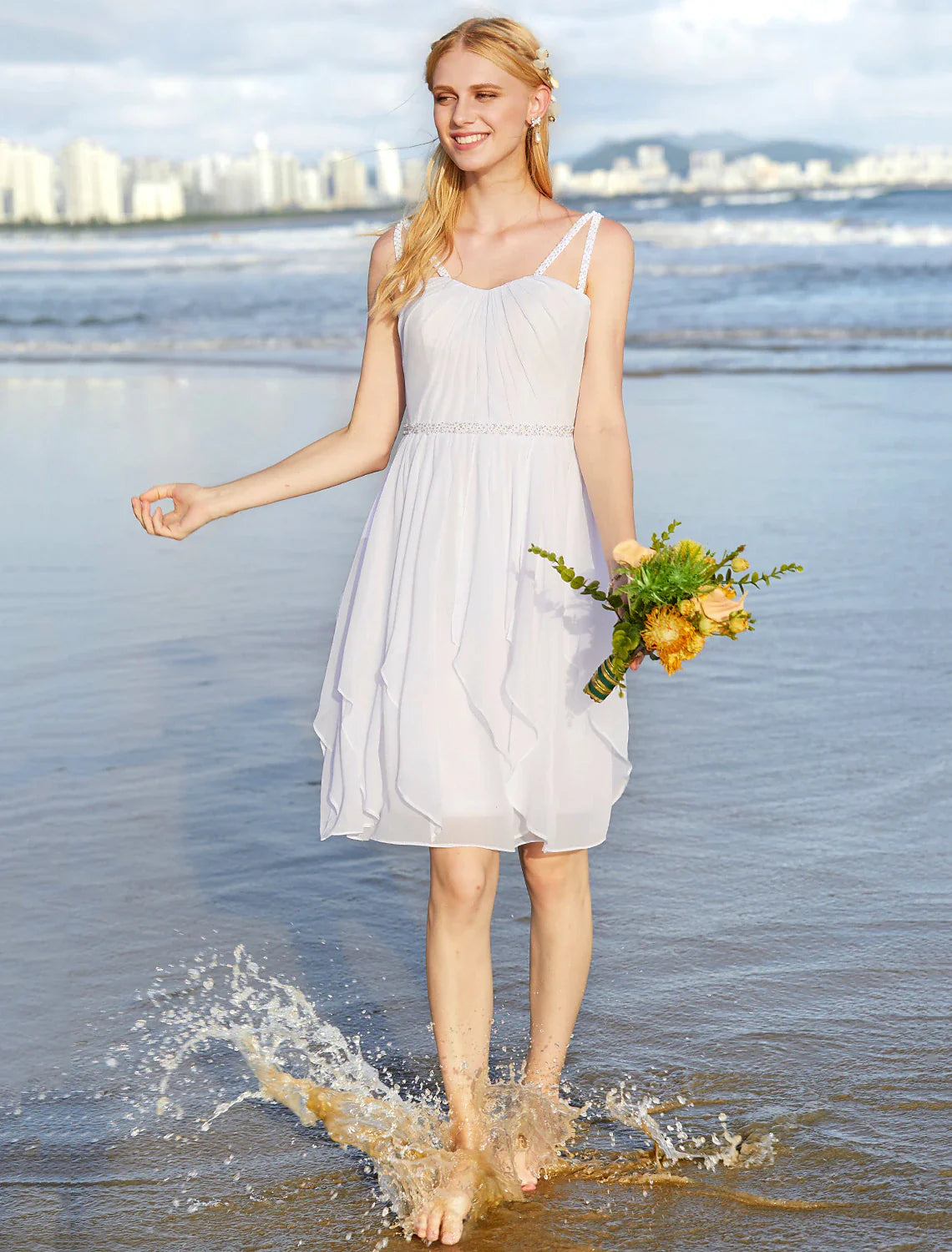 Wedding Dresses A-Line Sweetheart Regular Straps Knee Length Chiffon Bridal Gowns With Sash / Ribbon Ruched