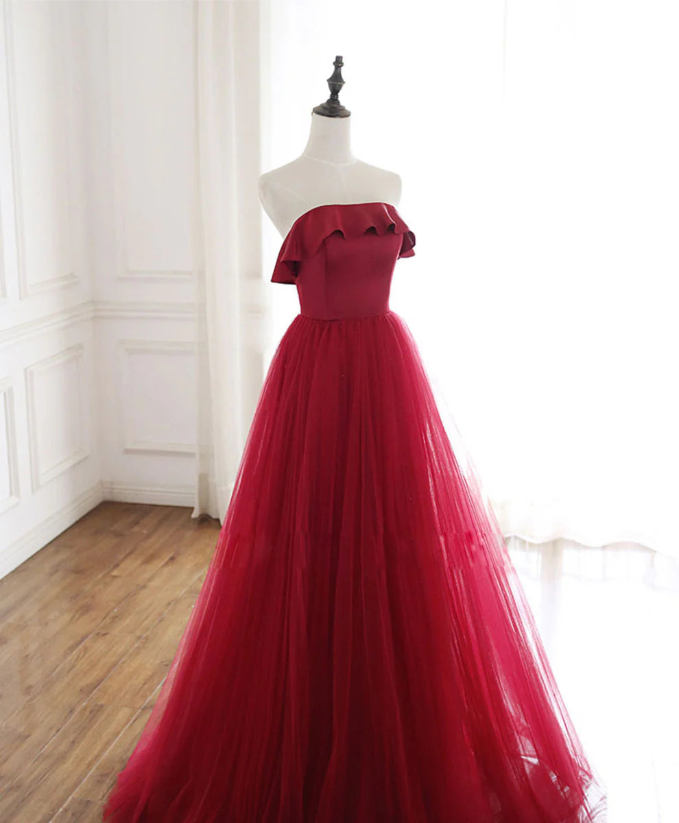 Tulle Long Prom Dress Aline Burgundy Formal Party Dress