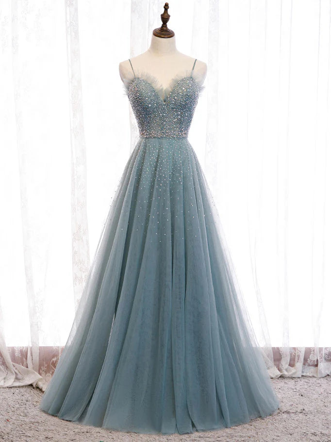 Sweetheart Neck Tulle Sequin Long Prom Dress Green Evening Dress