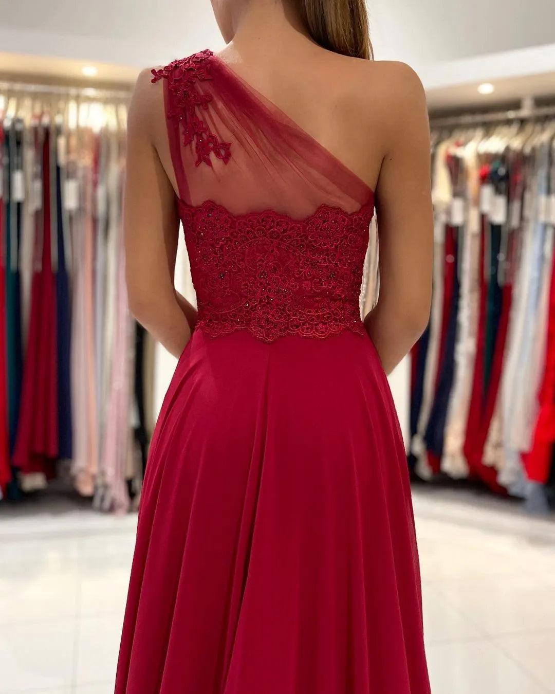 Long One Shoulder Appliques Lace Chiffon Ruffles Split A-Line Prom Dress