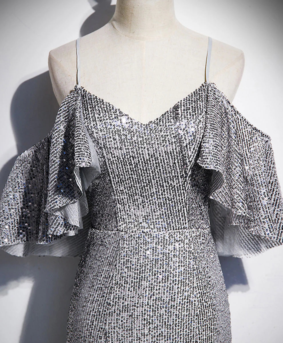 V Neck Sequin Mermaid Long Prom Dress Gray Formal Dress