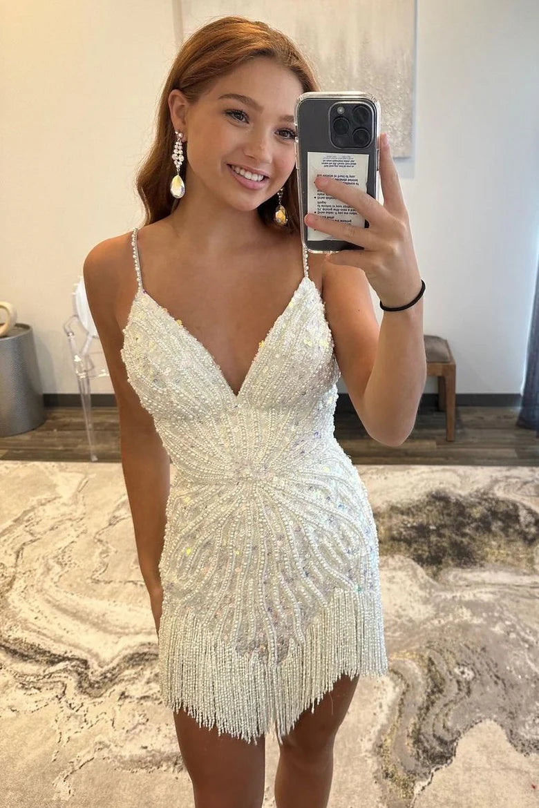 Beaded V-Neck Cocktail Dress with Fringes