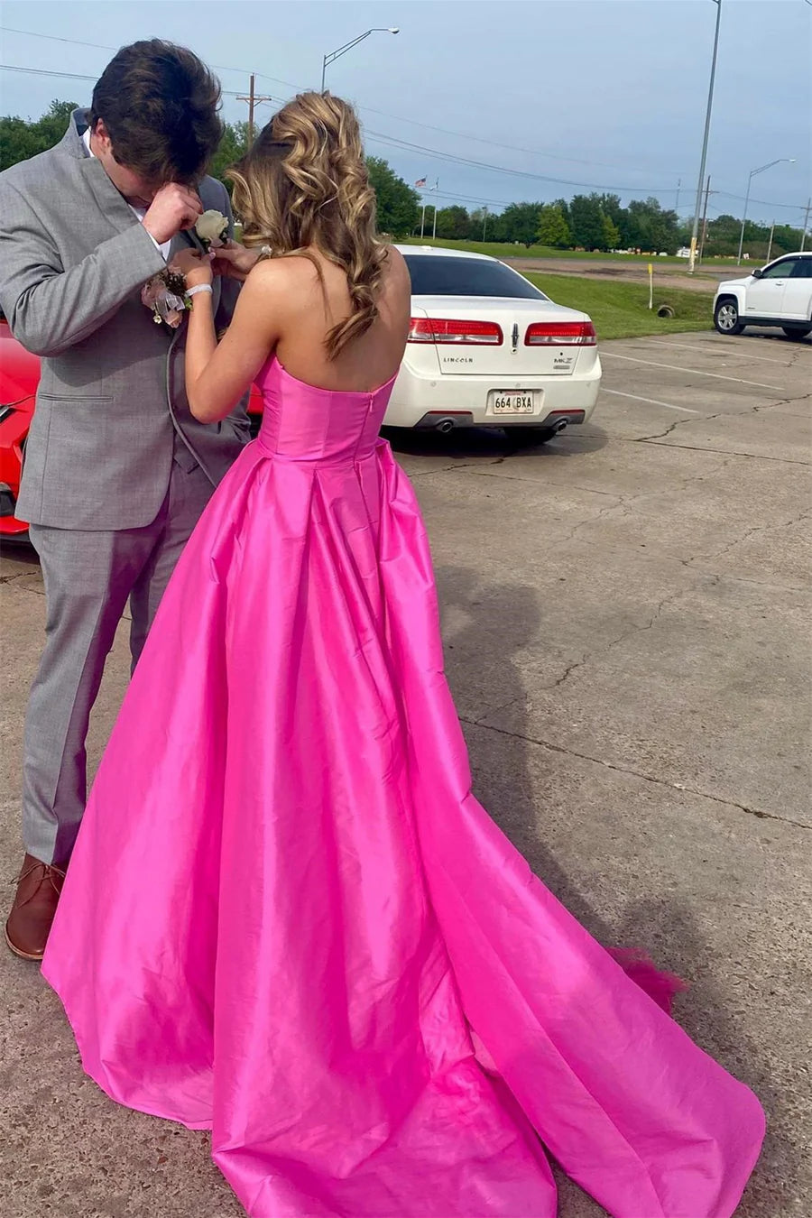 Fuchsia Strapless Satin Sweeping Long Prom Dress
